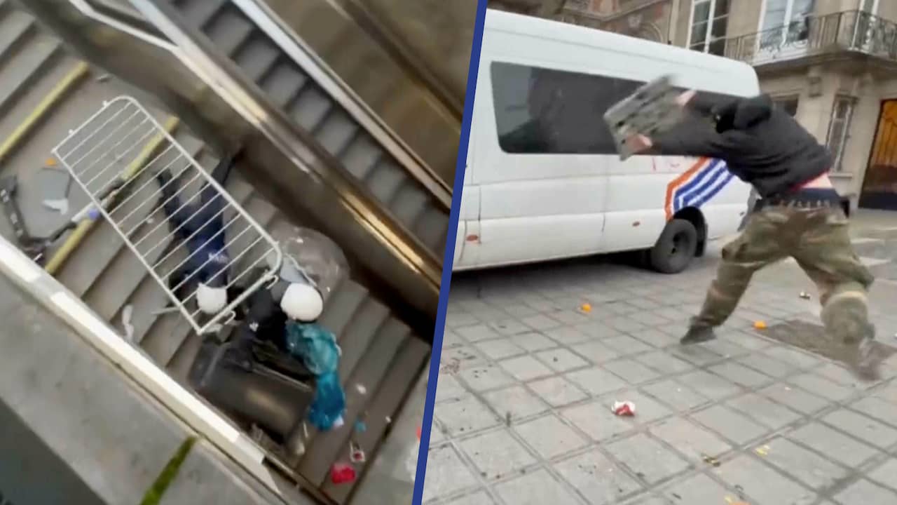 Beeld uit video: Coronaprotest Brussel escaleert: politie bekogeld met stenen en hekken