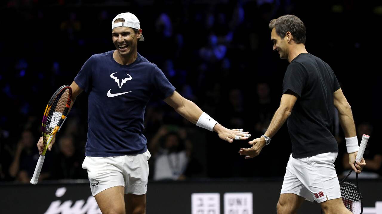 Former rivals Rafael Nadal and Roger Federer form a duo in the Swiss's final game on Friday night.