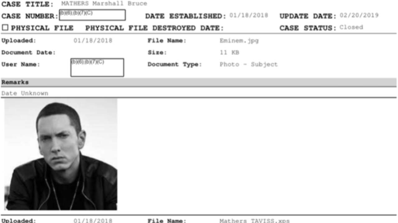 Een screenshot van het vrijgegeven dossier van de Amerikaanse Secret Service over Eminem