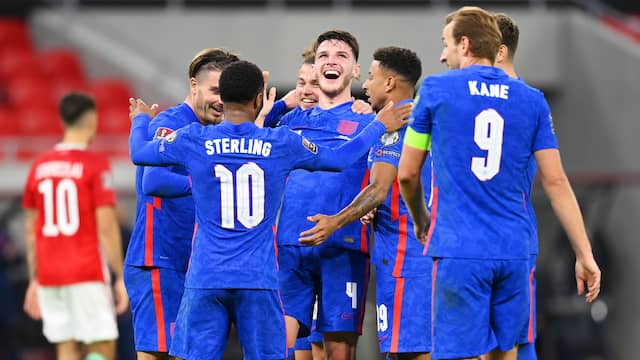 Vreugde bij Engeland na het doelpunt van Declan Rice.
