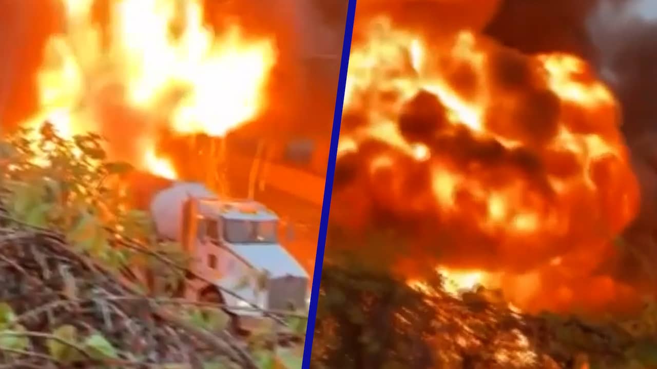 Beeld uit video: Inferno op snelweg boven New York: tankwagen brandt uit
