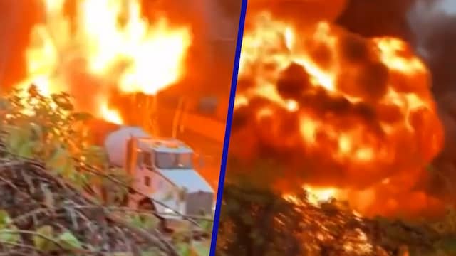 Inferno op snelweg boven New York: tankwagen brandt uit