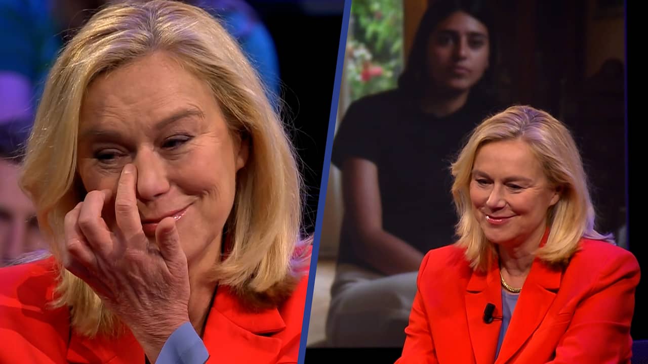 Image from video: Sigrid Kaag wipes away a tear because daughters fear for her life