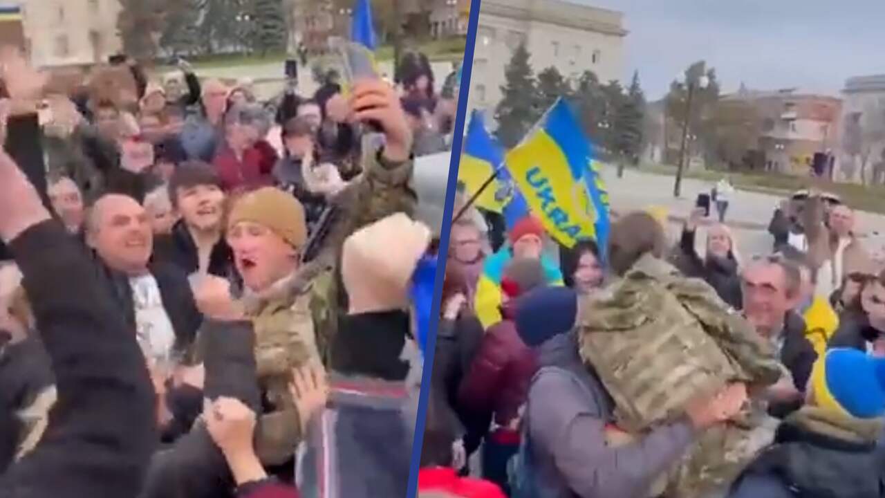 Beeld uit video: Oekraïense militairen emotioneel onthaald in Kherson