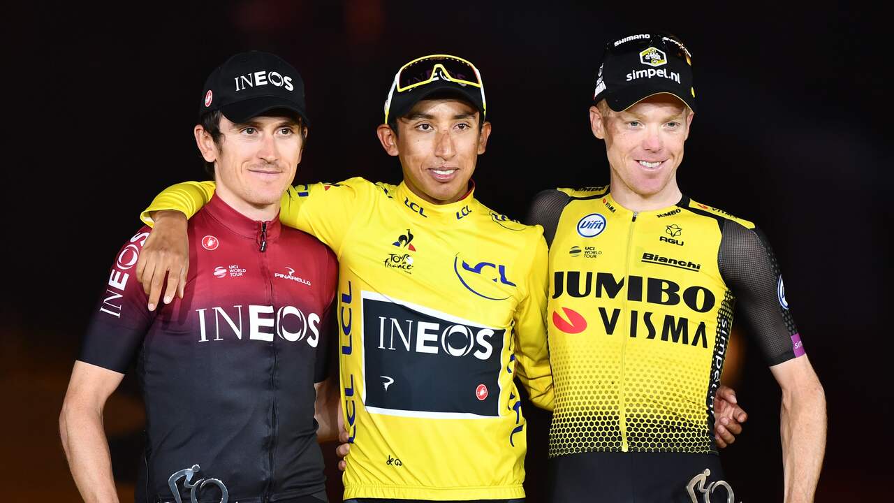 Egan Bernal won in 2019 de Tour de France en liet Geraint Thomas en Steven Kruiswijk achter zich.