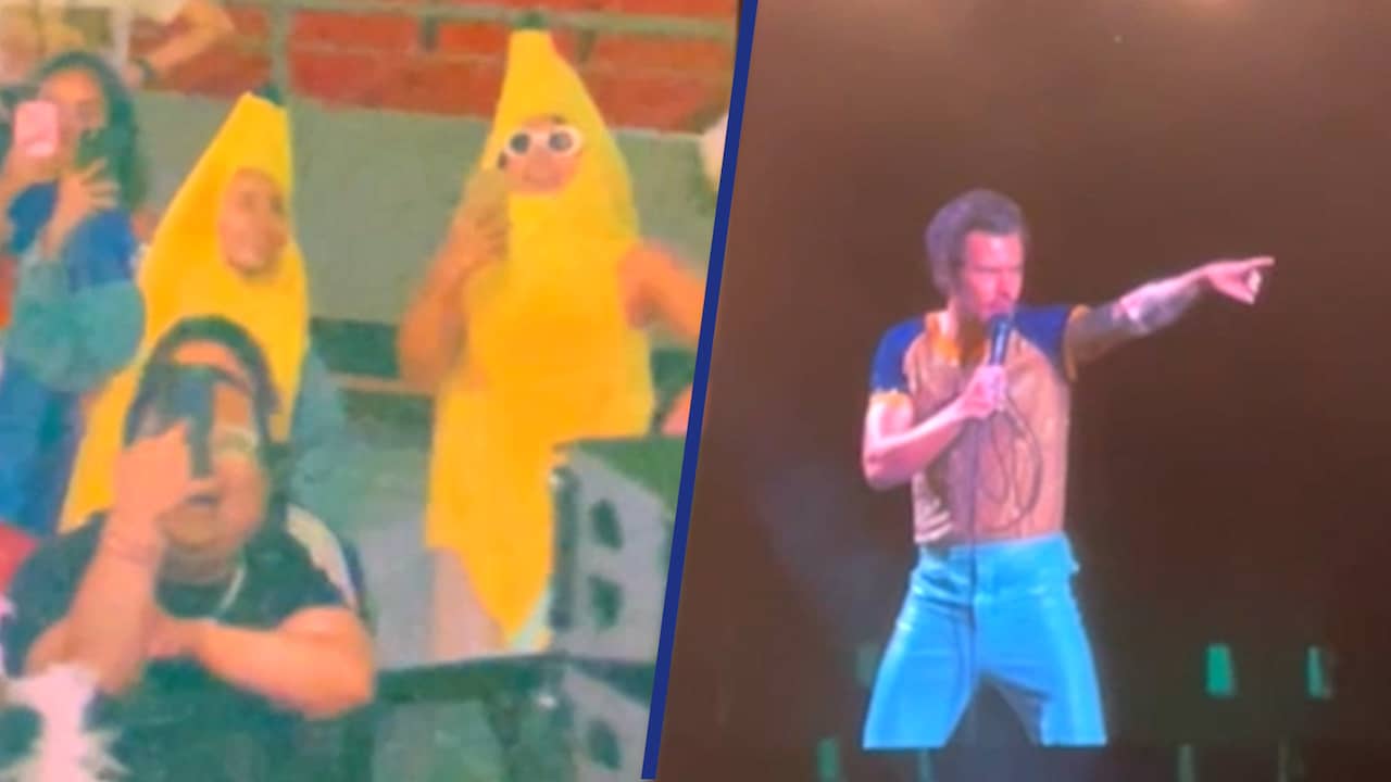 Beeld uit video: Harry Styles improviseert liedje voor fans in bananenpak