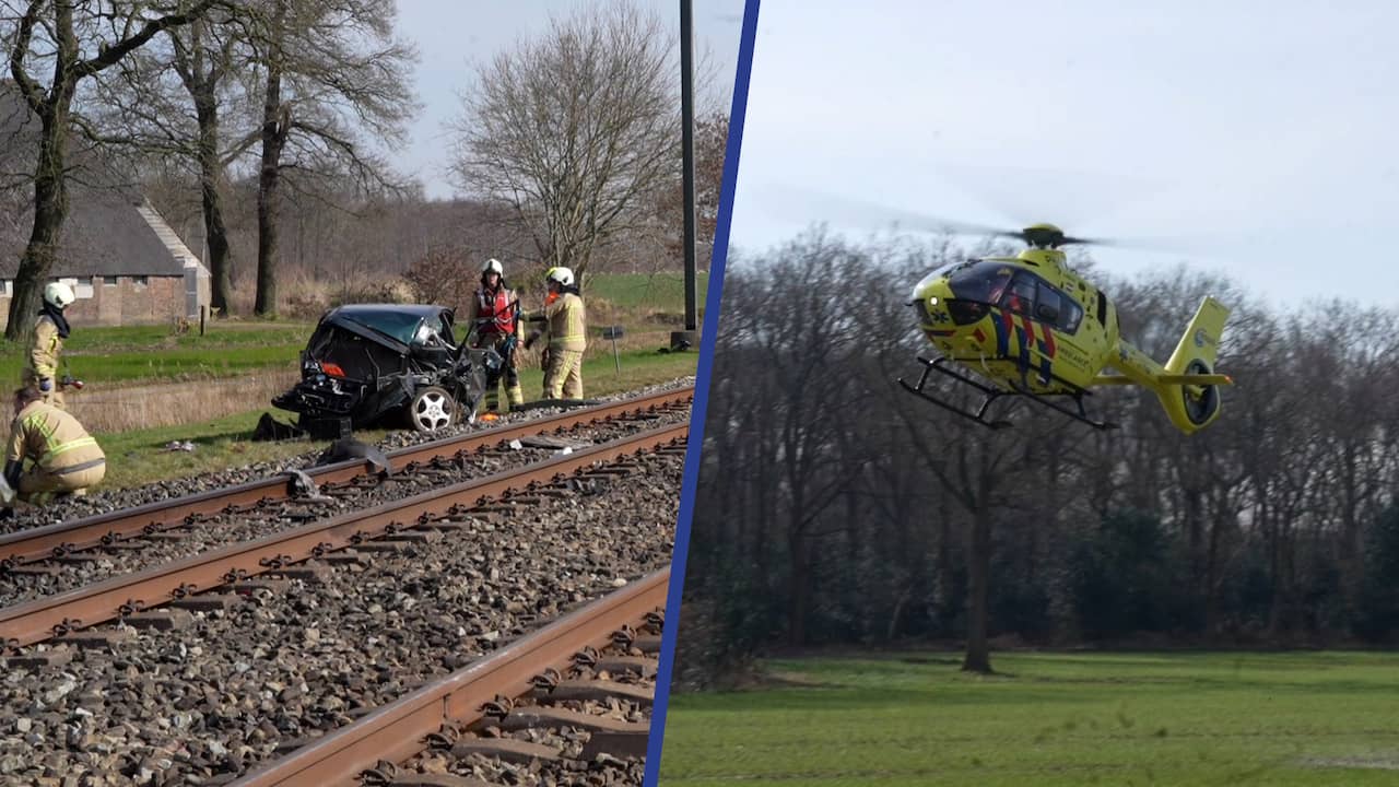 Beeld uit video: Traumahelikopter landt waar trein en auto botsten bij Meppel