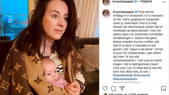 Rapper Kraantje Pappie wenst zijn vriendin een fijne 'MILF-dag'. "Er is niemand zo lief, sterk, grappig en zorgzaam als jij", aldus de rapper. "Daarnaast vind ik je nog steeds het allermooiste wezen dat rondloopt op deze planeet (hou m'n opties open in verband met eventuele ruimtelijke ontdekkingen). Maeve had geen betere moeder kunnen treffen, dat heb ik in deze drie maanden al wel gezien. Dat papa-is-de-beste-shirtje is puur ter compensatie." (Foto: Instagram/Kraantje Pappie)