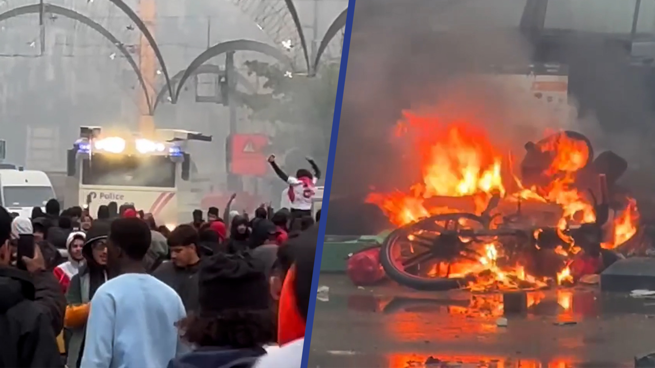 Beeld uit video: Rellen in Brussel na zege Marokko in WK-duel met België